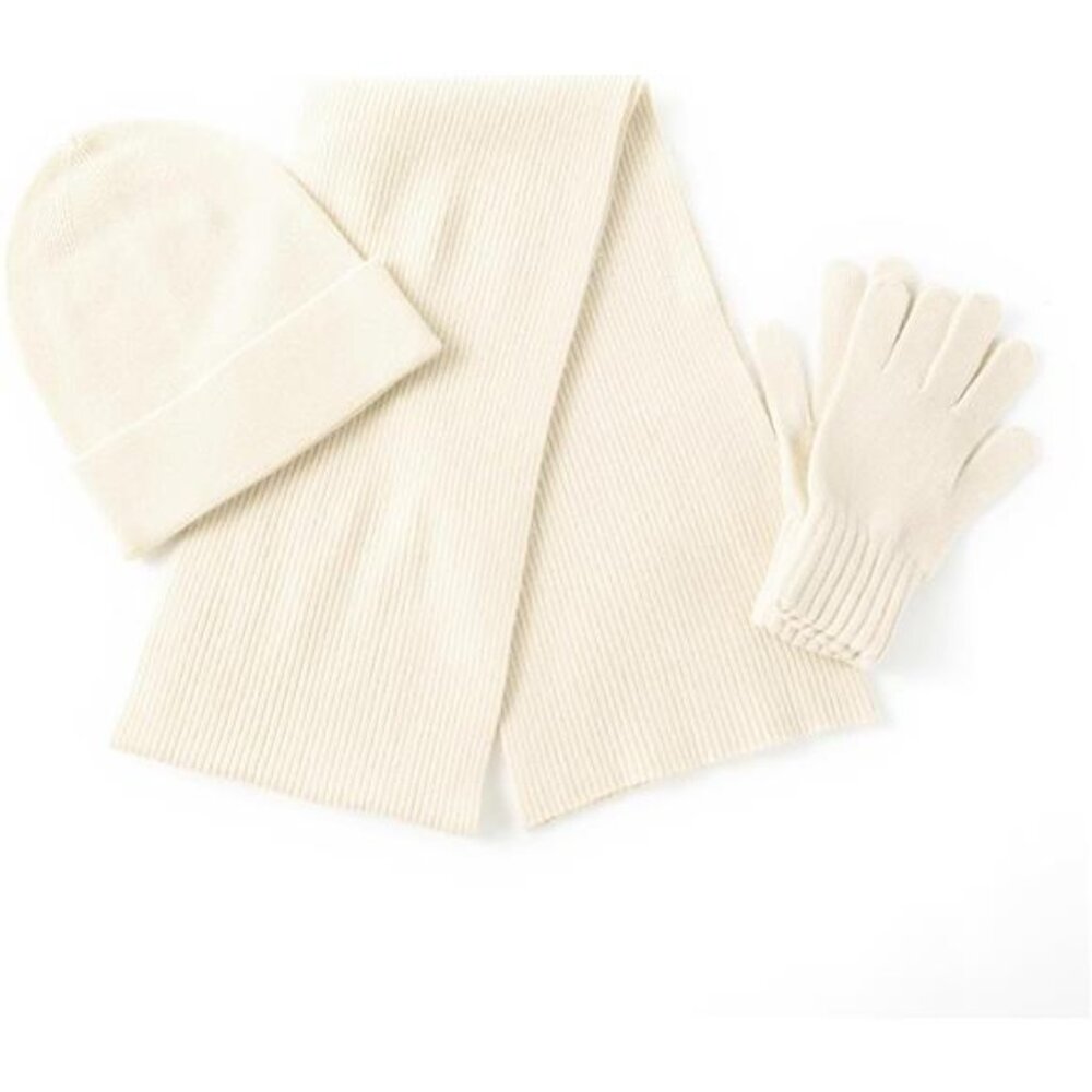 Unisex 3Pcs Cashmere Wool Scarf Hat Gloves Set, Soft Ribbed‎ Cuffed Beanie Glove